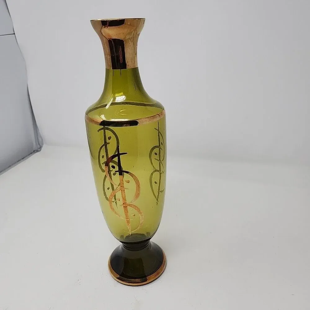 Vintage Decanter Vase Green Glass Gold Trim 14